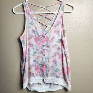 Eyelash Couture Semi-Sheer Watercolor Floral Sleeveless Buttonfront Top-Size M